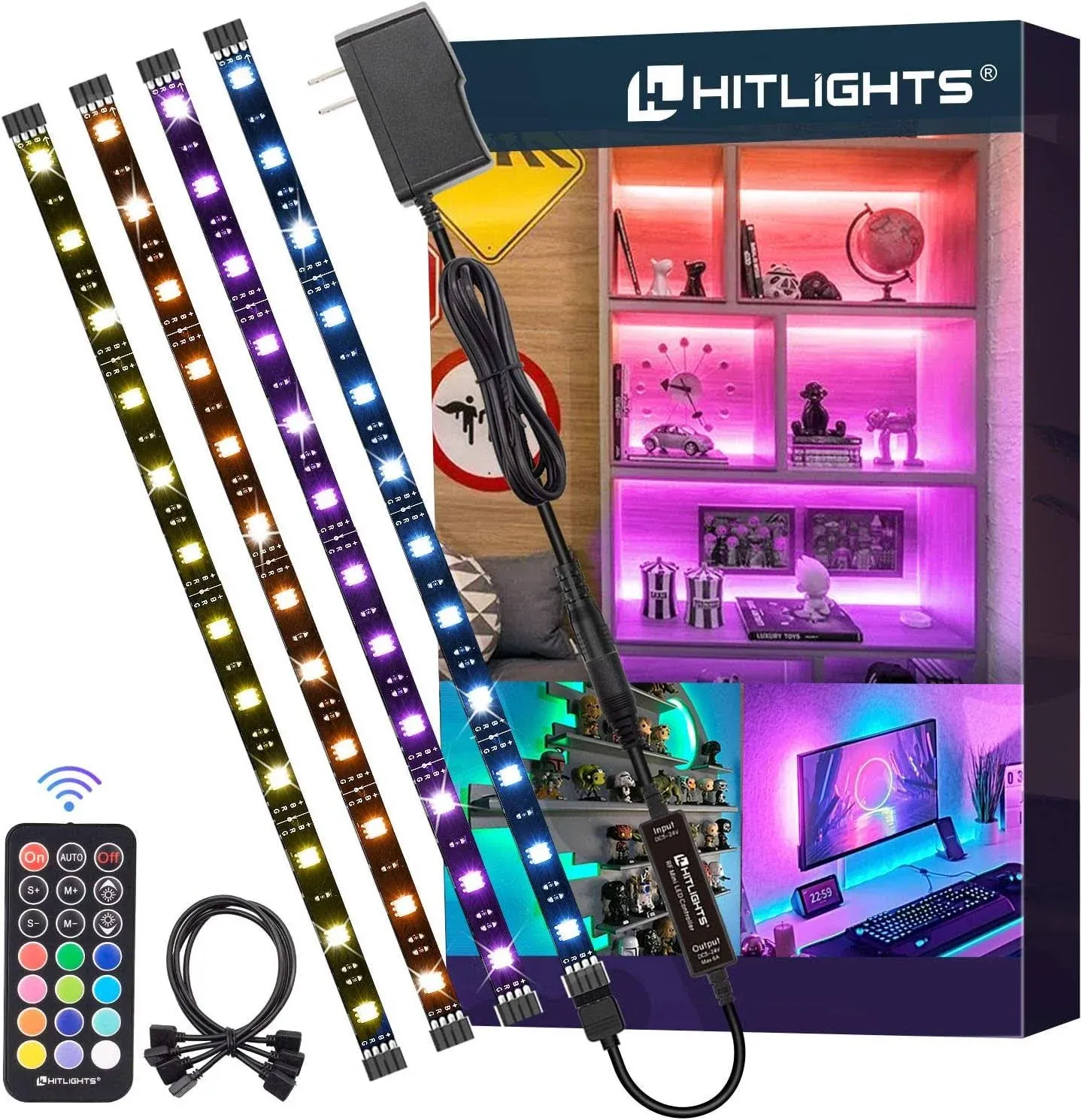 LED Strip Lights, HitLights 4 Pre-Cut 1ft/4ft Small Light Strips Dimmable, RGB 5050 Color Changing LED Tape Light with Remote and UL-Listed Adapter for TV Backlight, Bedroom, Cabinet Shelf Display