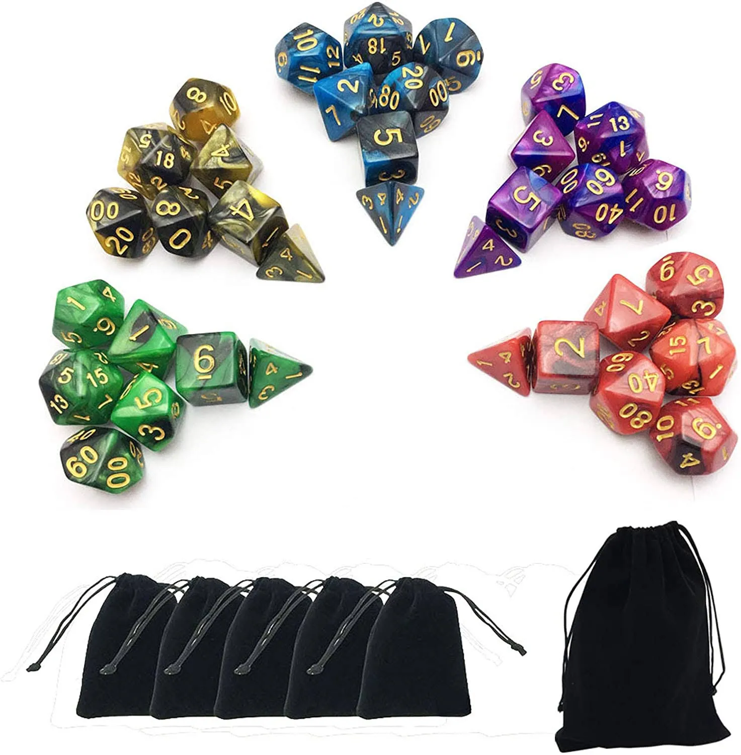 SmartDealsPro 5 x 7-Die Double-Colors Polyhedral Dice Sets with Pouches for D&D DND RPG MTG Dungeon and Dragons Table Board Roll Playing Games D4 D6