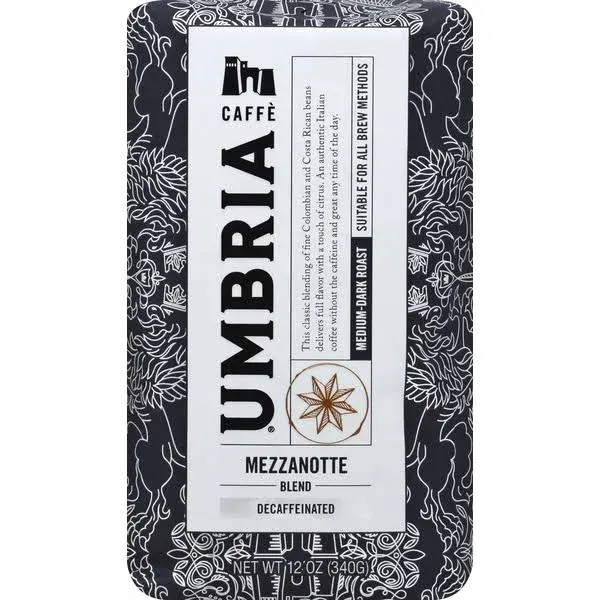 Caffe Umbria Fresh Seattle Whole Bean Roasted Coffee, Mezzanotte Decaf Blend, 12 oz. Bag