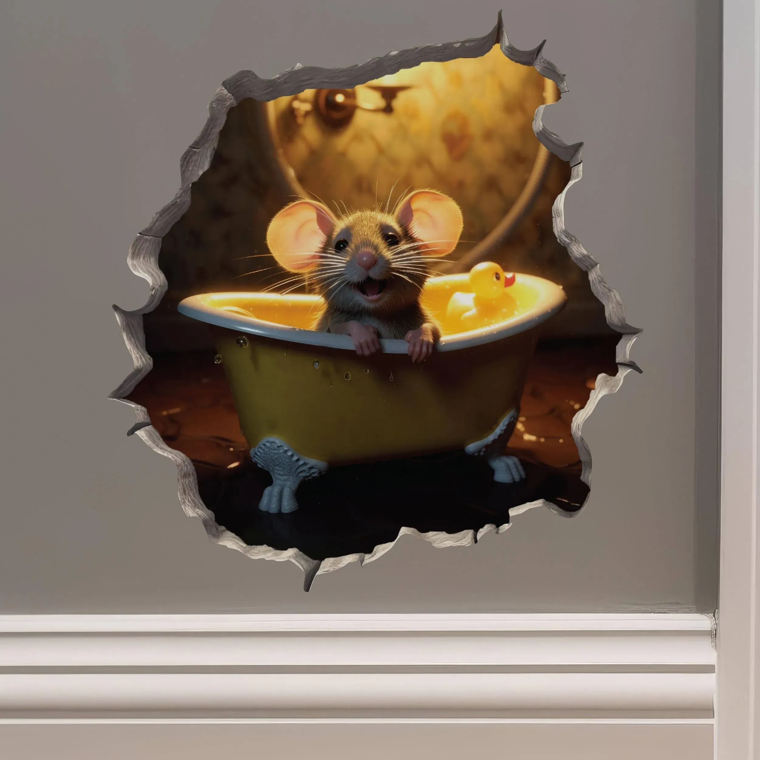 Mouse in Bathtub in Mouse Hole Decal - Mouse Hole 3D Wall Sticker