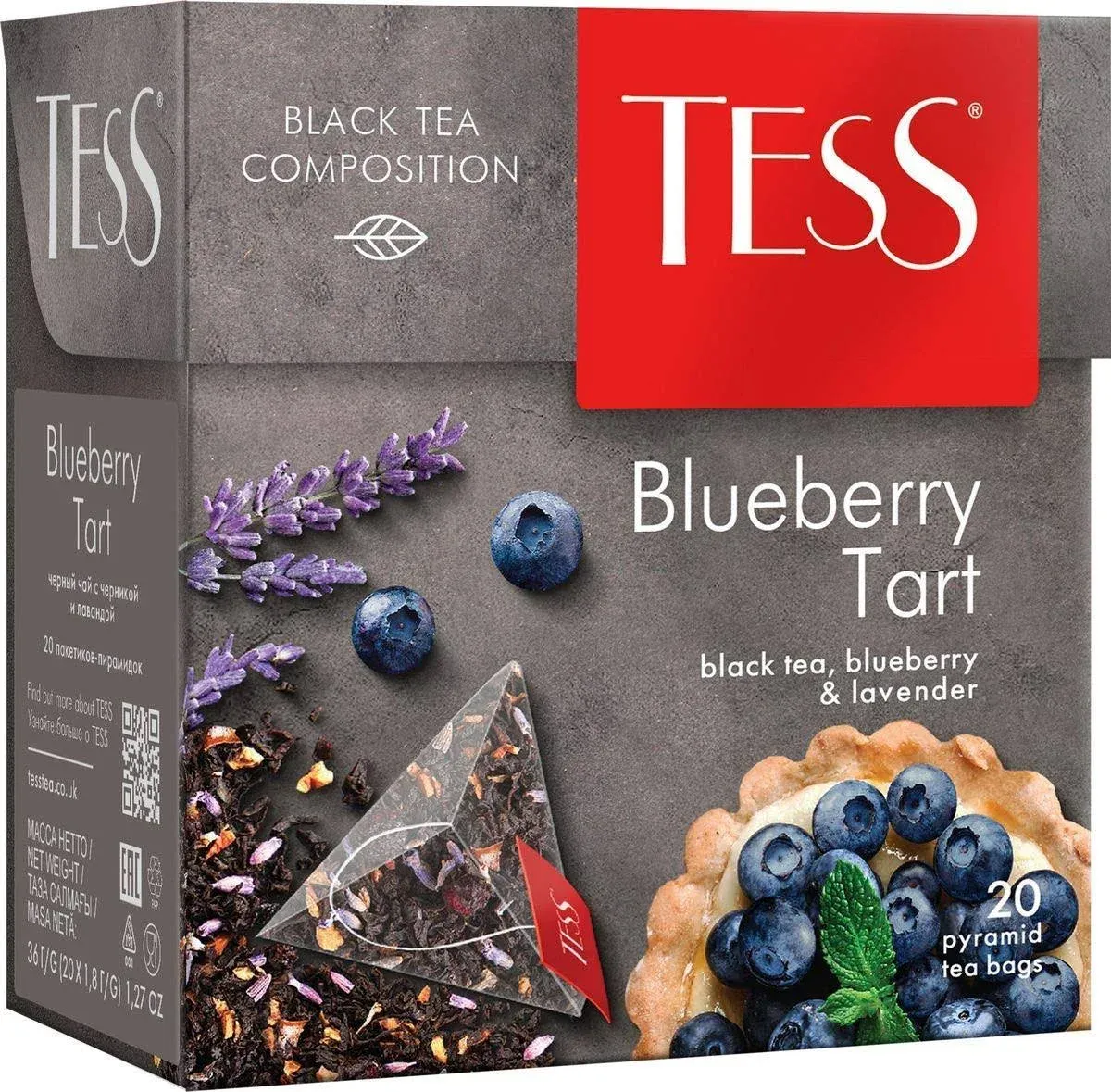 Tess Blueberry Tart Black Tea Composition Blueberry and Lavander Leaf Tea in 20 Pyramid Sachets