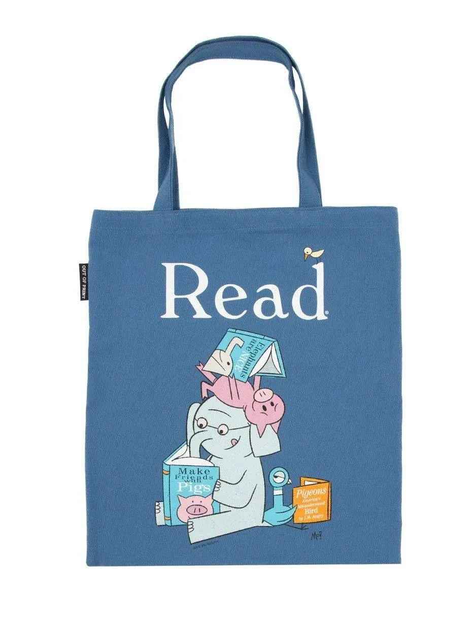 Out of Print Mo Williams ELEPHANT & PIGGIE READ SMALL TOTE BAG cream cotton