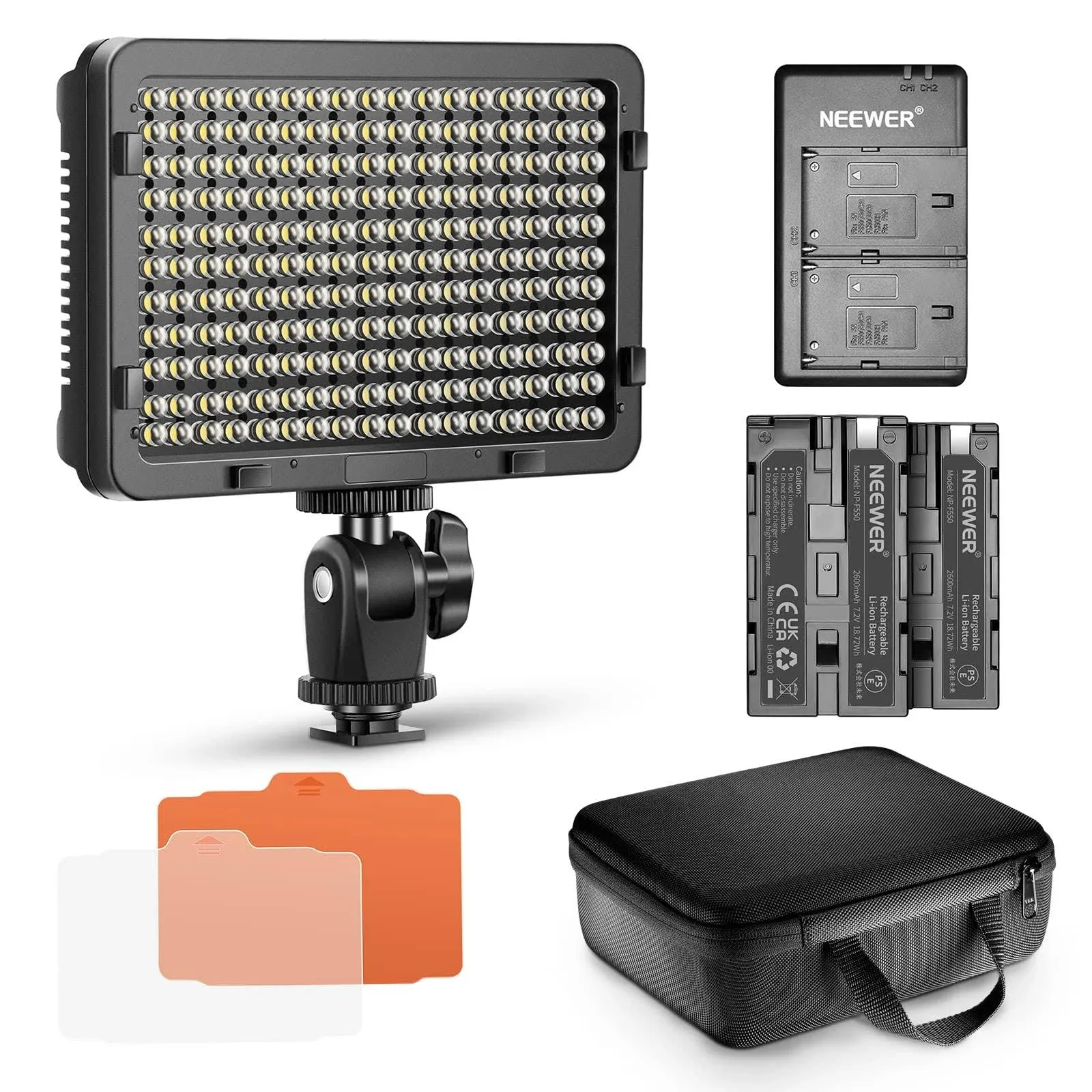 Neewer 176 LED Video Light Lighting Kit: Dimmable 176 LED Panel, with 2200mAh Li-ion Battery, USB Battery Charger and Carrying Case for Product and Portrait Photography