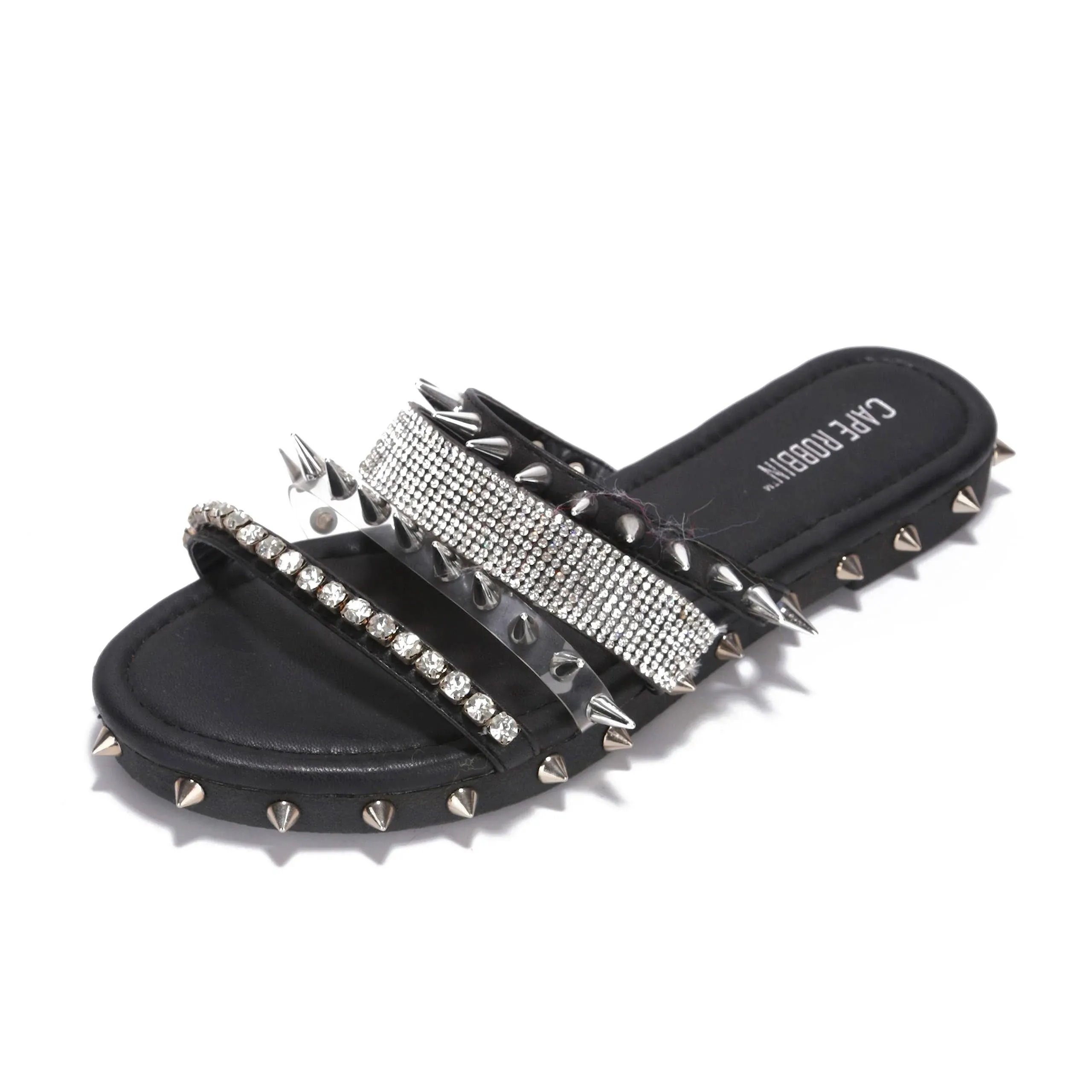 Cape Robbin Xtreme Flat Slide Sandals Rhinestone Black Silver Spiked Mule 6 / Black