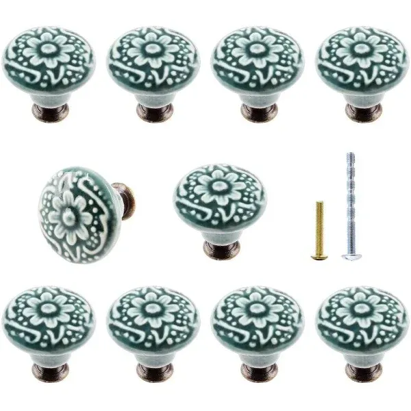 Bivethoi 10pcs Green Cabinet Knobs 1 3 inch 34mm Ceramic Dresser Decorative ...