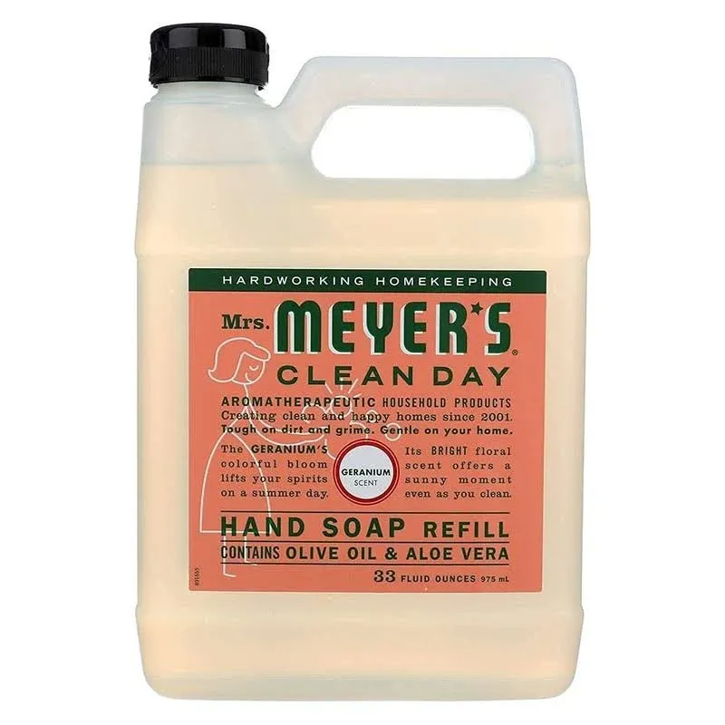 Mrs. Meyer's Hand Soap Refill, Made with Essential Oils, Biodegradable Formula, Geranium, 33 fl. oz