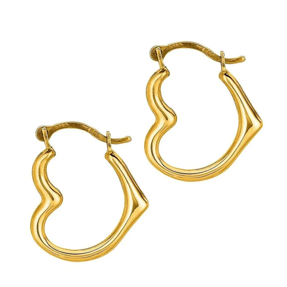 14k Real Yellow Gold Heart Hoop Tubular Earrings