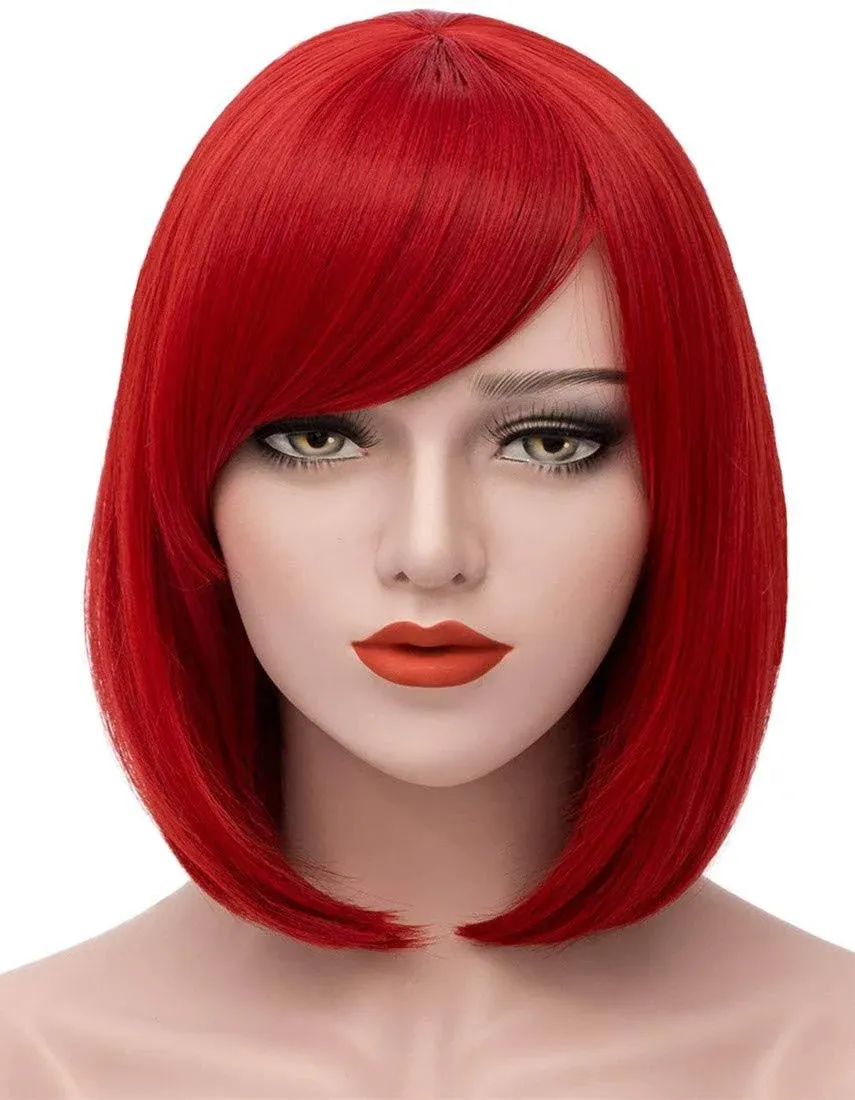 Mersi Red Wigs for Women Short Red Bob Wig with Bangs Natural Cute Synthetic Straight Wigs for Daily Party Halloween S009R