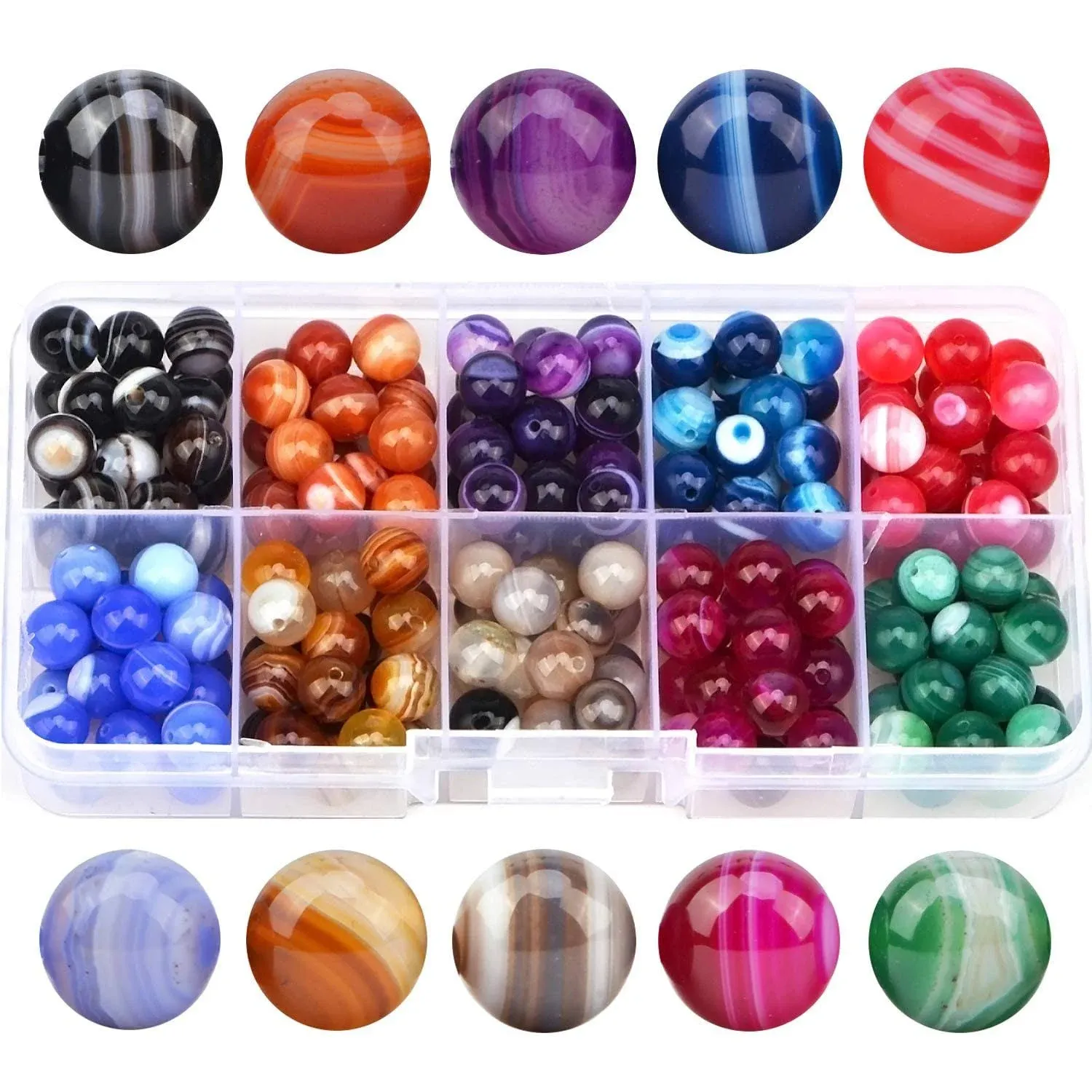 FYGEM 200pcs 10 Colors Agate Beads Mixed 8mm Round Genuine Real Stone Beading ...