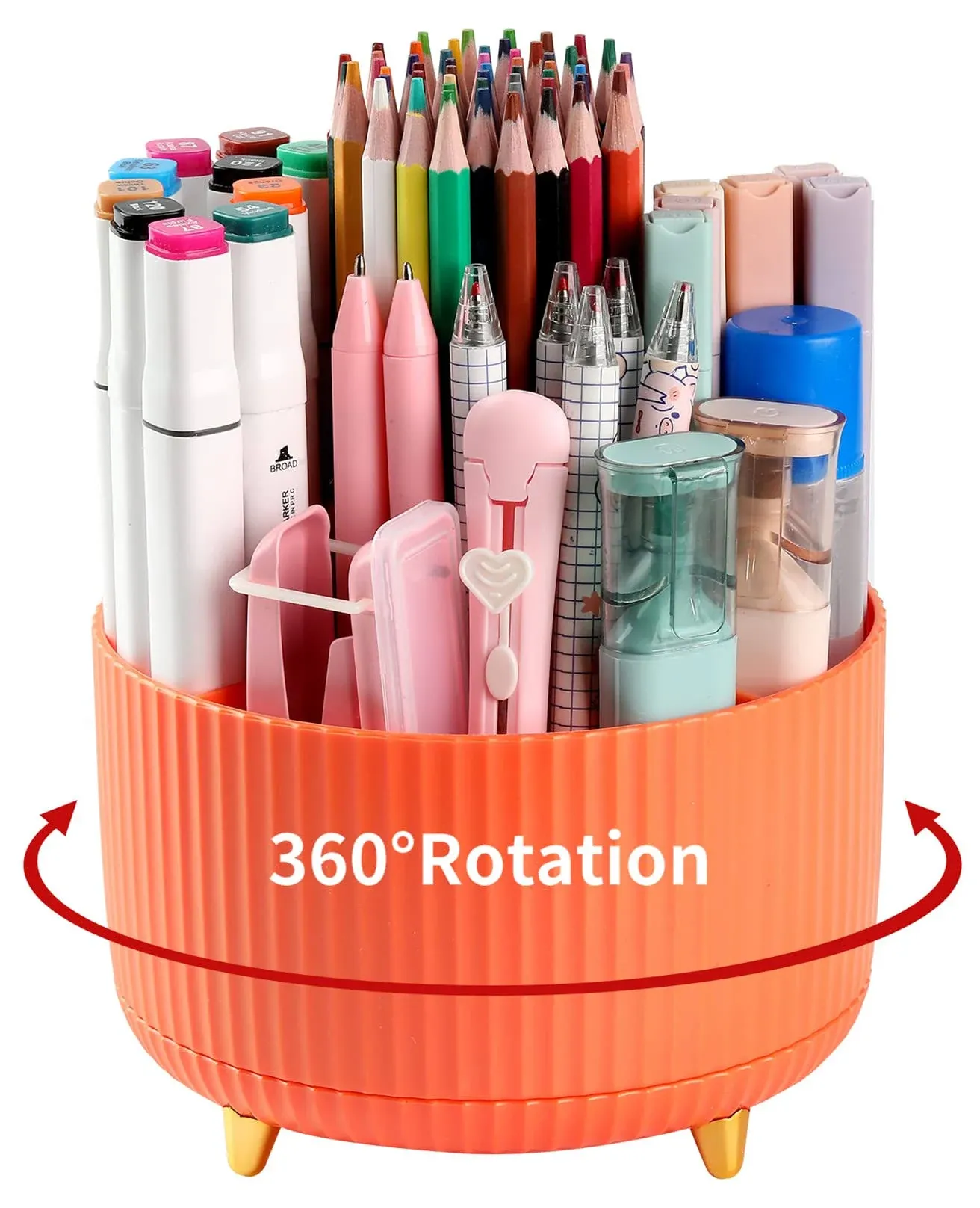 Desk Pencil Pen Holder, 5 Slots 360°Degree Rotating Pencil Pen Organizers for Desk, Desktop Storage Stationery Supplies Organizer, Cute Pencil Cup Pot for Office, School, Home, Art Supply, Orange