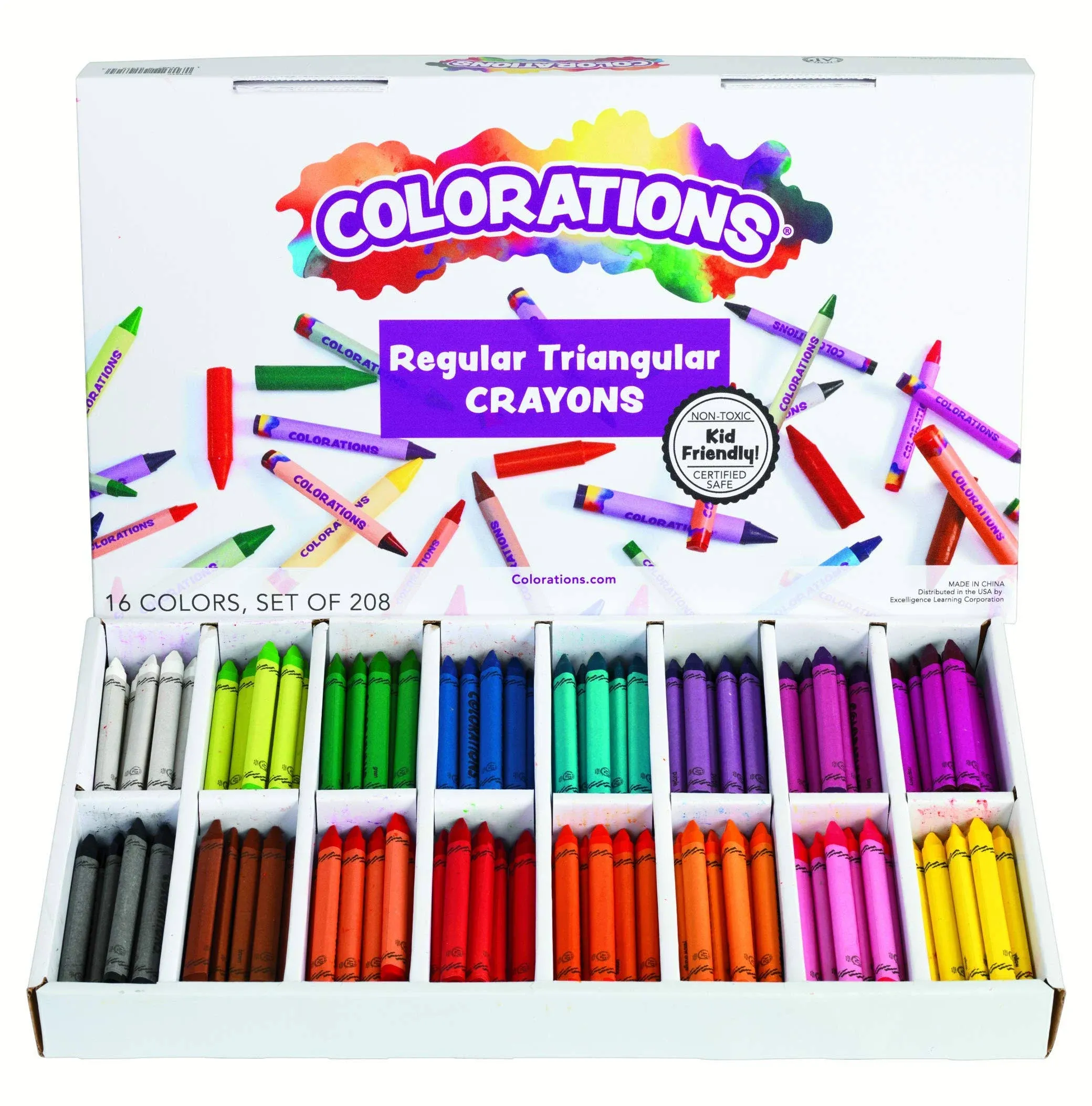 Colorations Regular Size Triangular Crayon Class Pack, 16 Colors, 13 of Each, Set of 208, Easy to Hold & Grip, Toddler Crayons, Non Toxic Crayons, Kids Crayons, Bulk School Supplies, Triangle Crayons