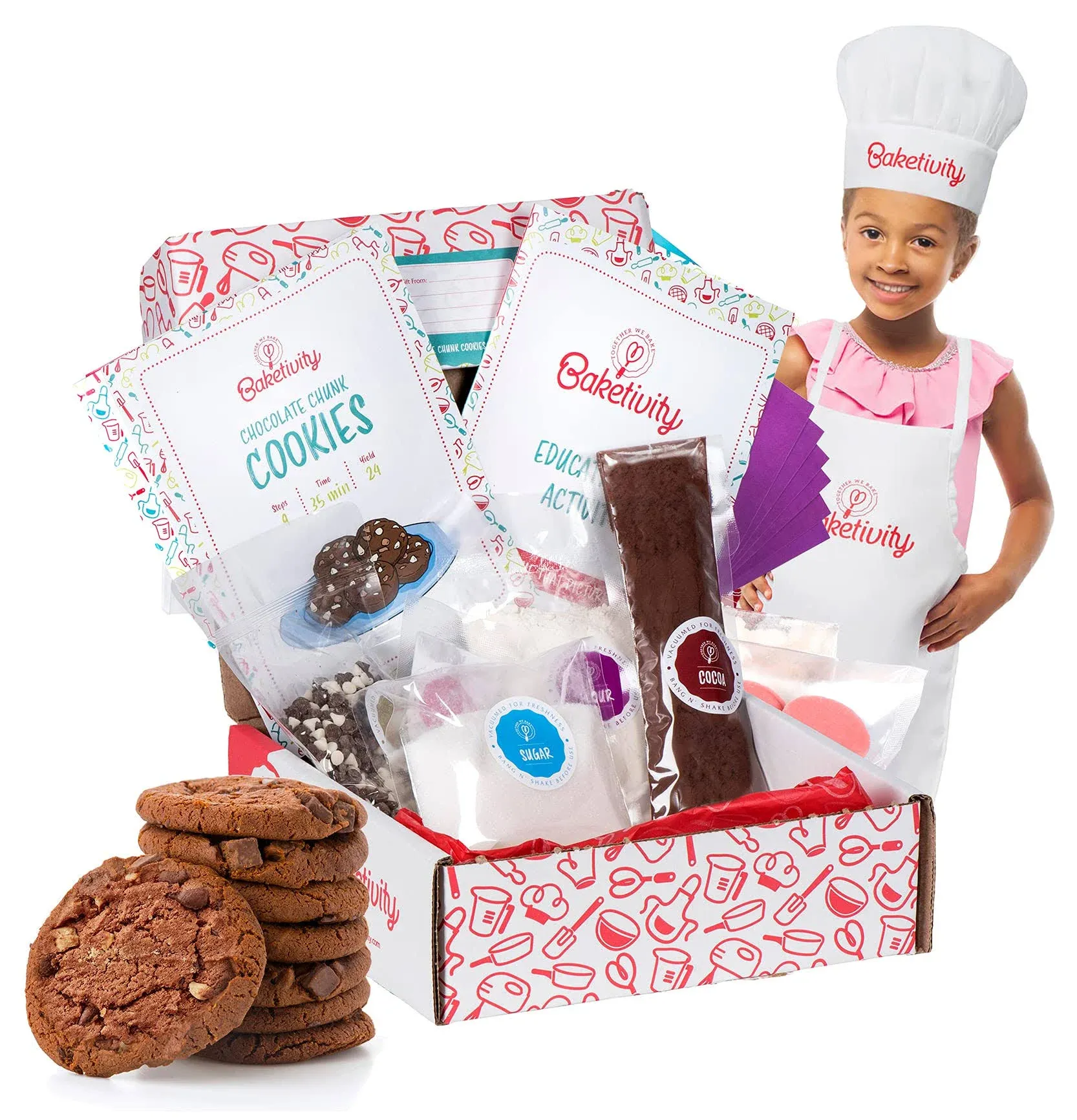 Baketivity Kids Baking DIY Activity Kit - Bake Delicious Chocolate Chunk Cookies with Pre-Measured Ingredients – Best Gift Idea for Boys and Girls Ages 6-12 – Includes Free Hat and Apron