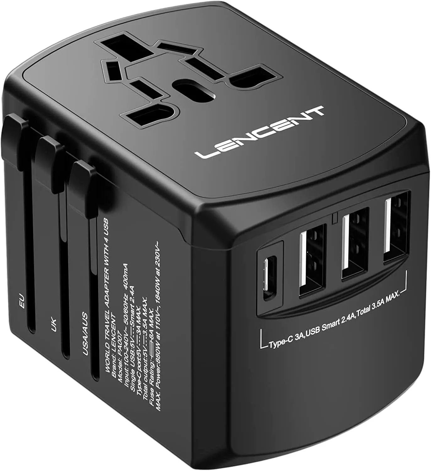 Universal Travel Adapter, International Charger with 3 USB Ports and Type-C PD Fast Charging Adaptor for iPhone, Samsung, Tablet, GoPro. for Over 200