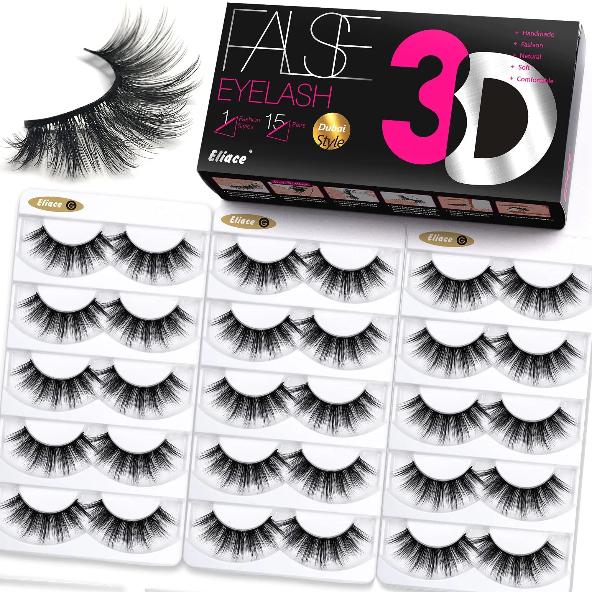 Eliace Lashes Wispy Luxury False Eyelashes Wispies Natural 3D Mink Eyelashes Faux Mink Lashes Fluffy Cat Eye Lashes Pack Professional Fake Eye lashes Natural Look Reusable Strip Lashes 15 Pairs Dubai