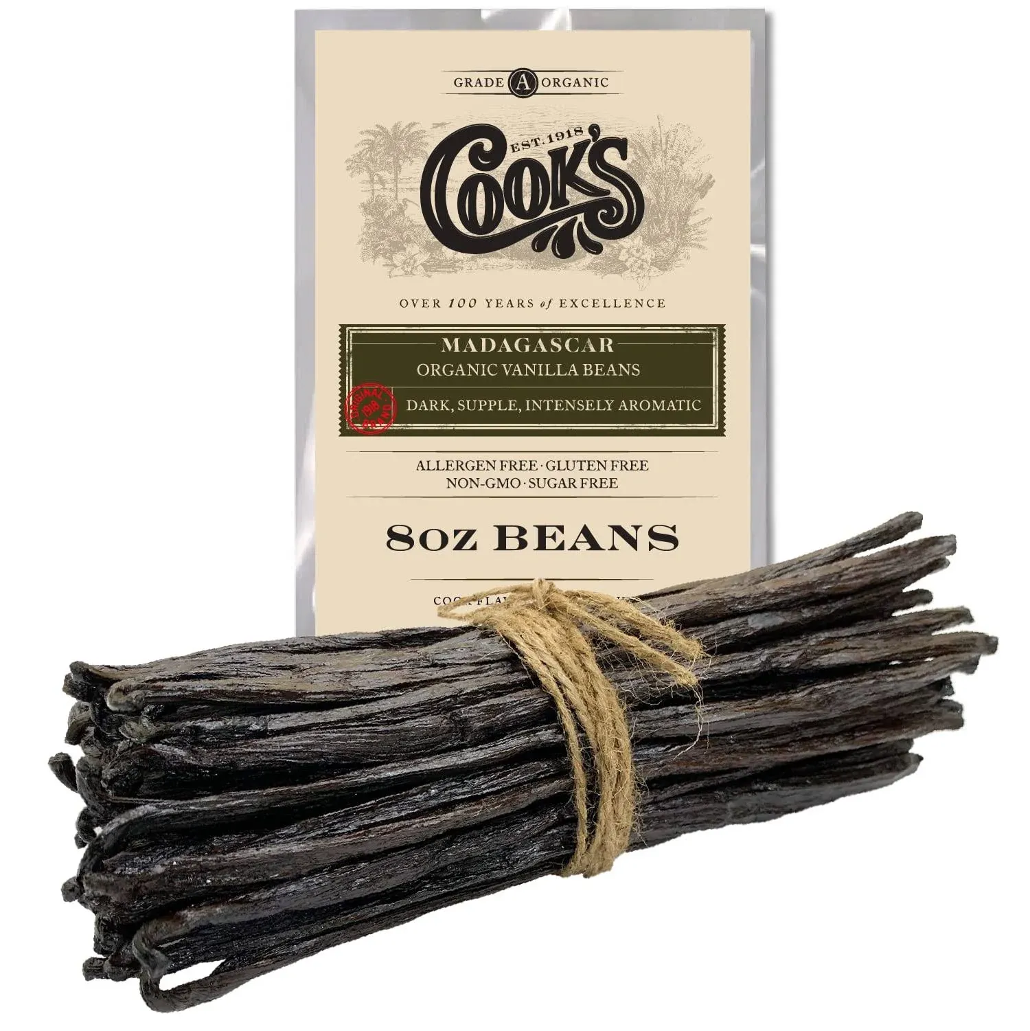 8 oz (1/2 lb) Organic Madagascar Whole Vanilla Beans, Grade A Vanilla Pods, Premium Vanilla Beans for Making Extract & Baking - Cook’s