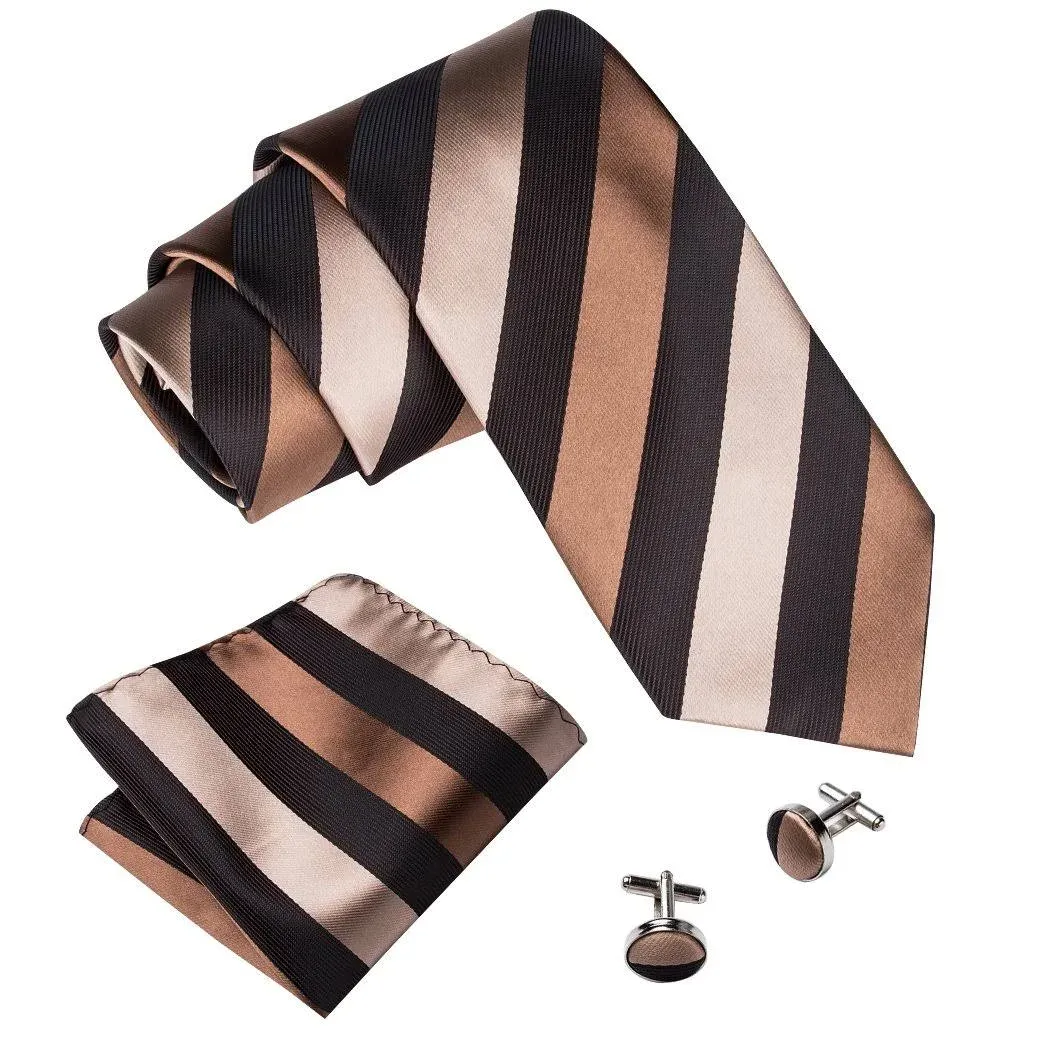 Barry.Wang Men's Stripe Ties Set Classic Woven Necktie with Handkerchief Cufflinks Formal