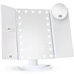 HUONUL Makeup Mirror Vanity Mirror with Lights, 2x 3X 10x Magnification, Lighted Makeup Mirror, Touch Control, Trifold Makeup Mirror, Dual Power