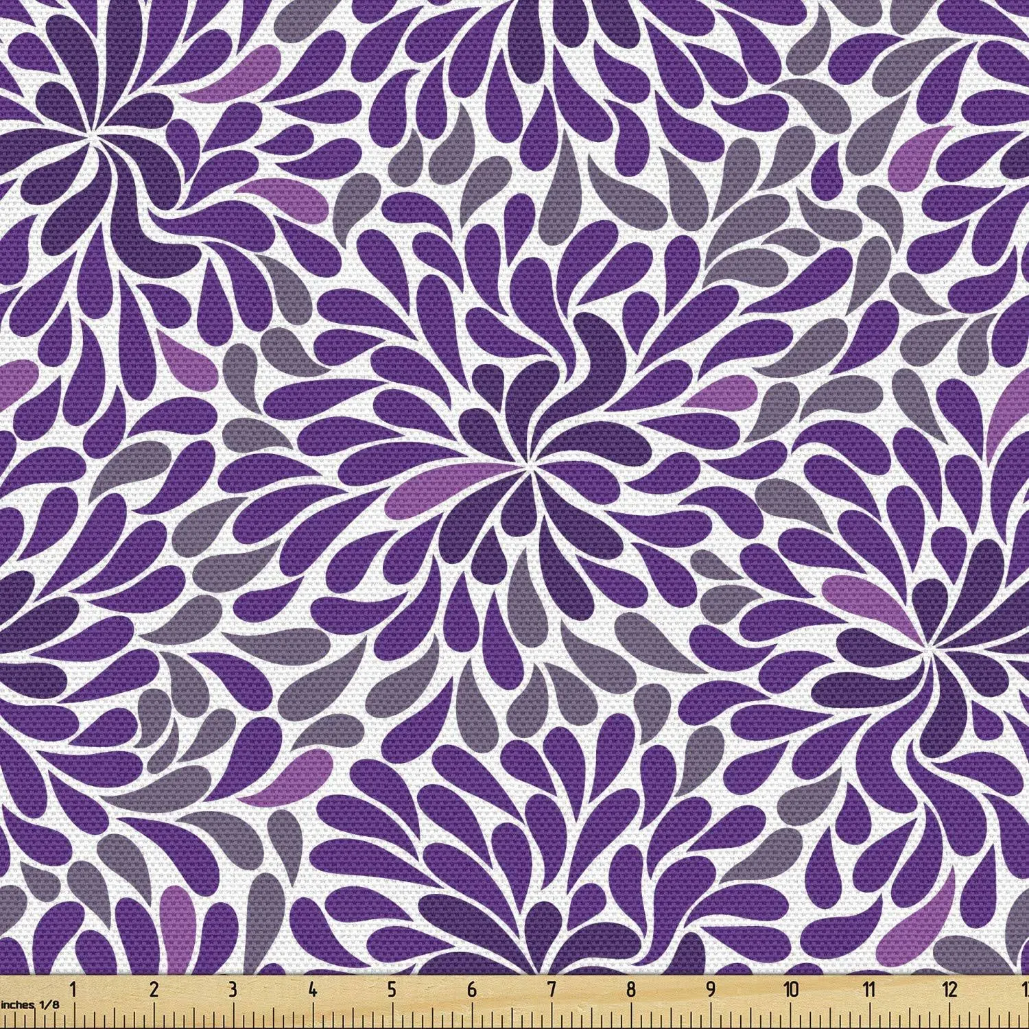 Lunarable Purple Fabric by The Yard Teardrop Shapes Floral Themed Arrangement...