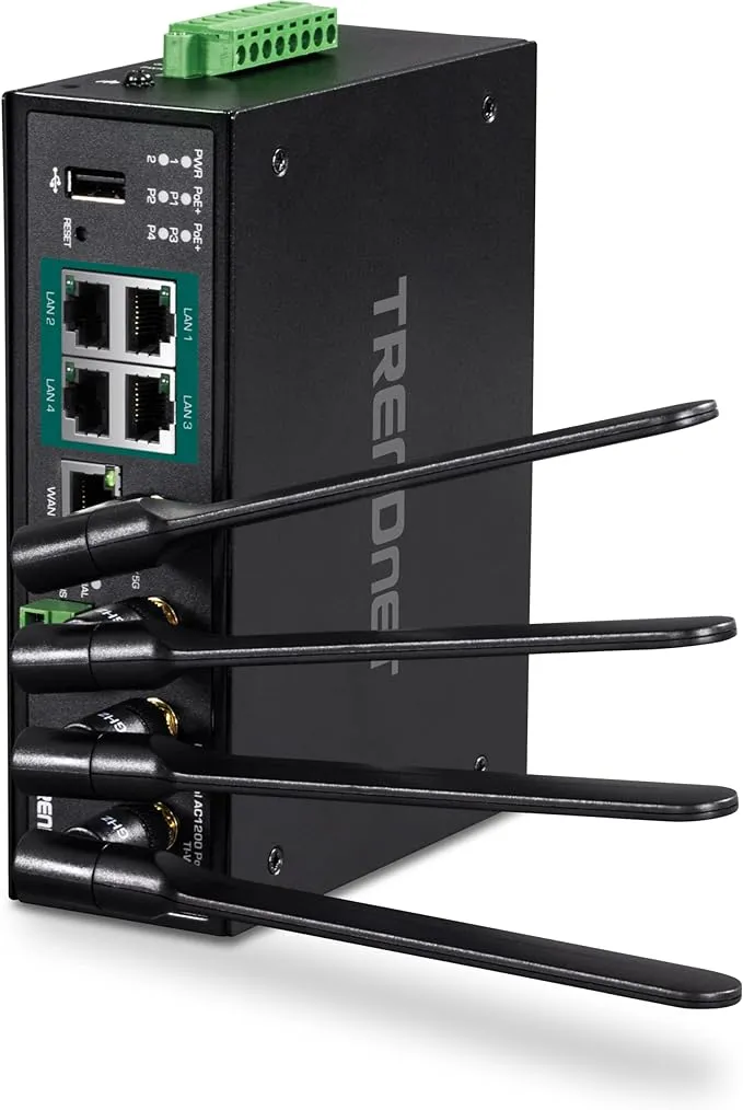 TRENDnet Industrial AC1200 Wireless Gigabit PoE+ Router, TI-WP100, 4 x Gigabit PoE+ Ports, 1 x Gigabit WAN Port, IP30 Housing, 120W PoE Power Budget, Dual-WAN, Dual-Band WiFi, VPN, Inter-VLAN Routing