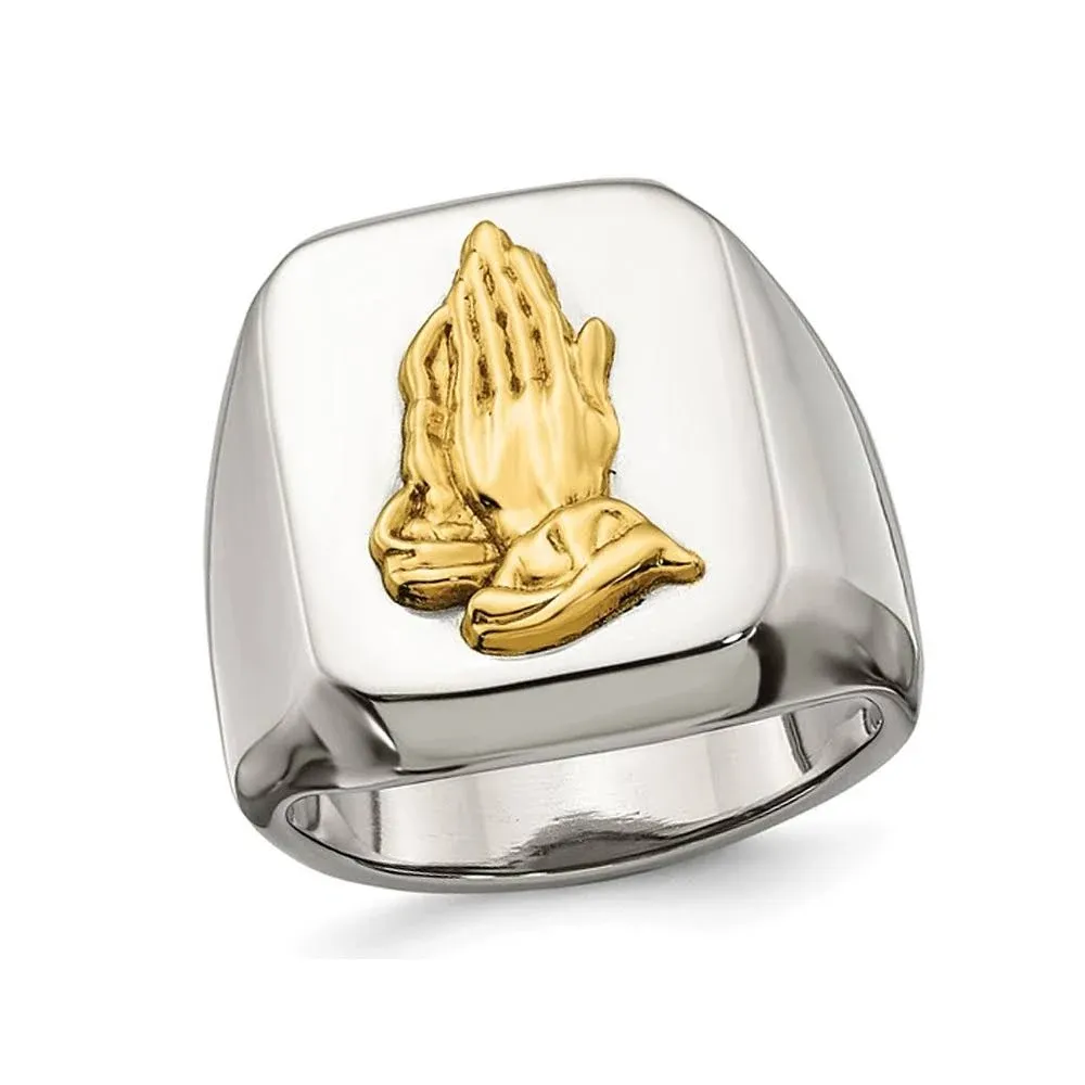 Mens Praying Hands Polished Stainless Steel Ring