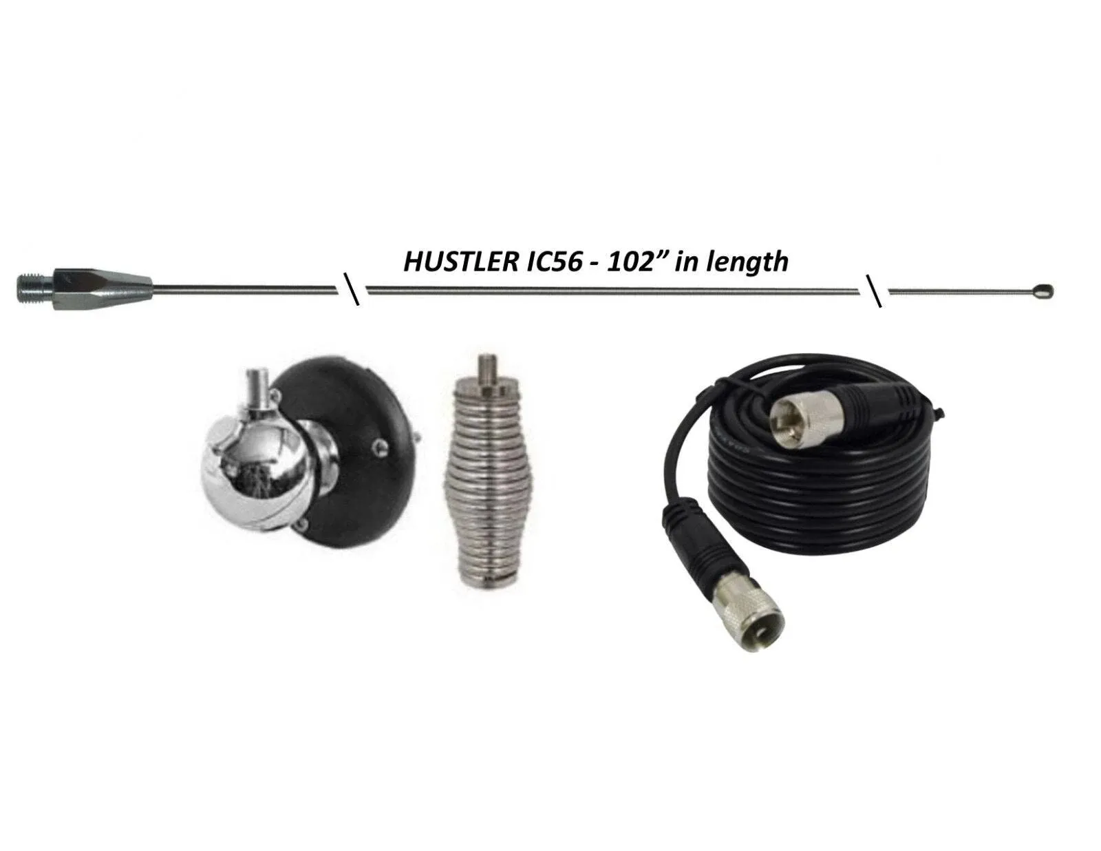 CB Antenna Kit - HUSTLER IC56 102" CB Radio Stainless Steel Whip Antenna & Installation Kit - 18' RG58, Ball Mount