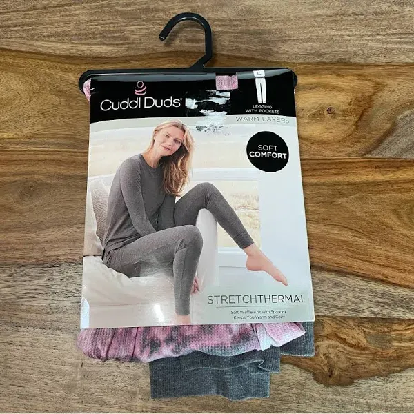 Cuddl Duds Stretch Waffle Thermal Leggings with Pockets Pink and Grey NWT sz L