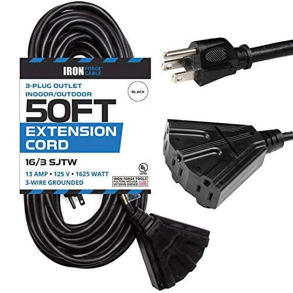 50 Ft Outdoor Black Extension Cord 3 Electrical Power Outlets Durable Black