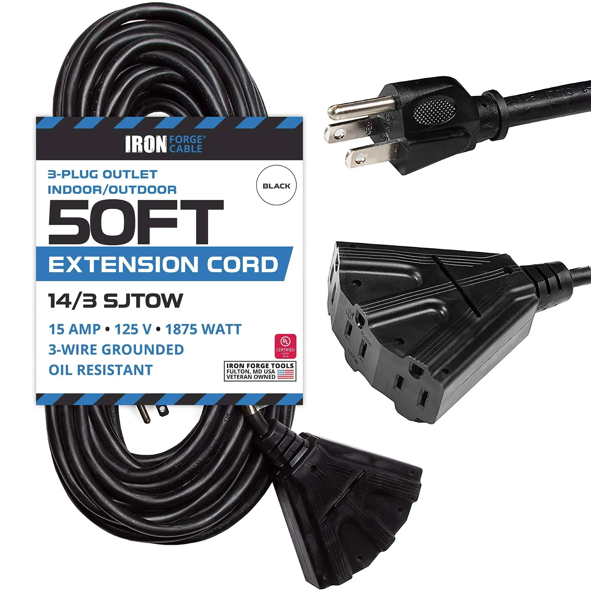 Iron Forge Cable Oil Resistant 15 Amp Heavy Duty Extension Cord 50 ft 3 Outlet, SJTOW 14 Gauge Black Extension Cord with Multiple Outlets 3 Prong, for Farms, Ranches, Major Appliances