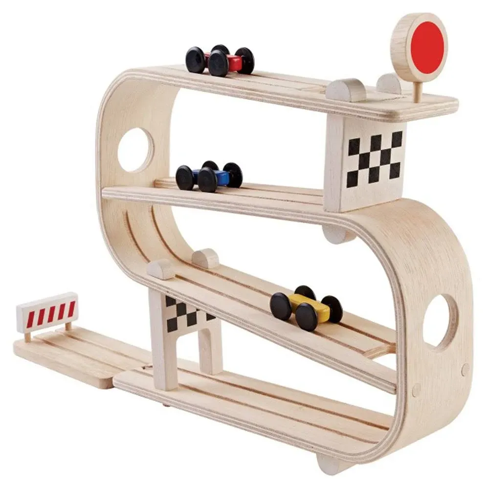 PlanToys Wooden Ramp Racer with 3 Cars (5379) | Sustainably Made from Rubberwood and Non-Toxic Paints and Dyes