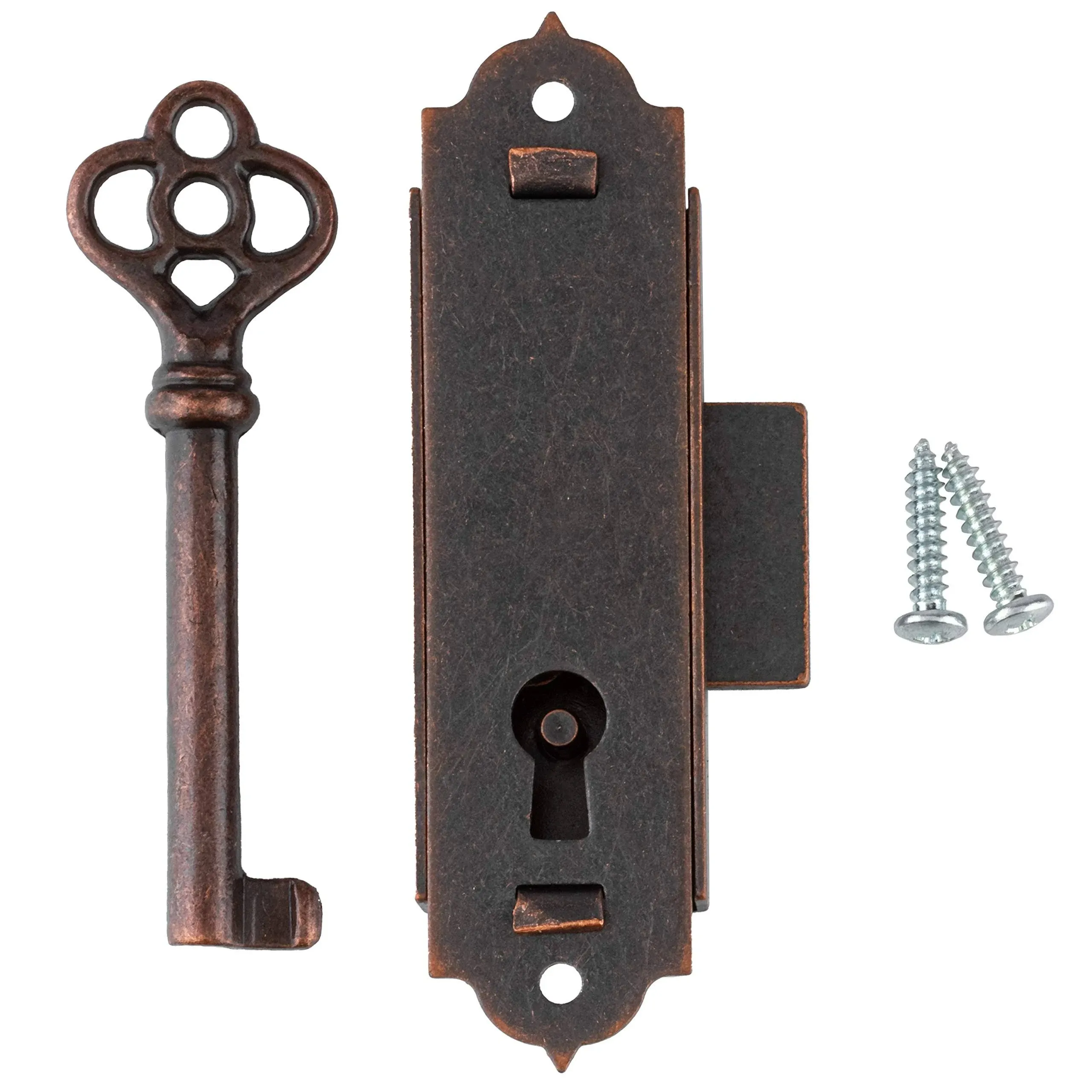 Antique Copper Narrow Flush Mount Grandfather Clock or Cabinet Door Lock with Key - Vintage Lock and Key for Furniture Doors and Drawers | UA-039-L