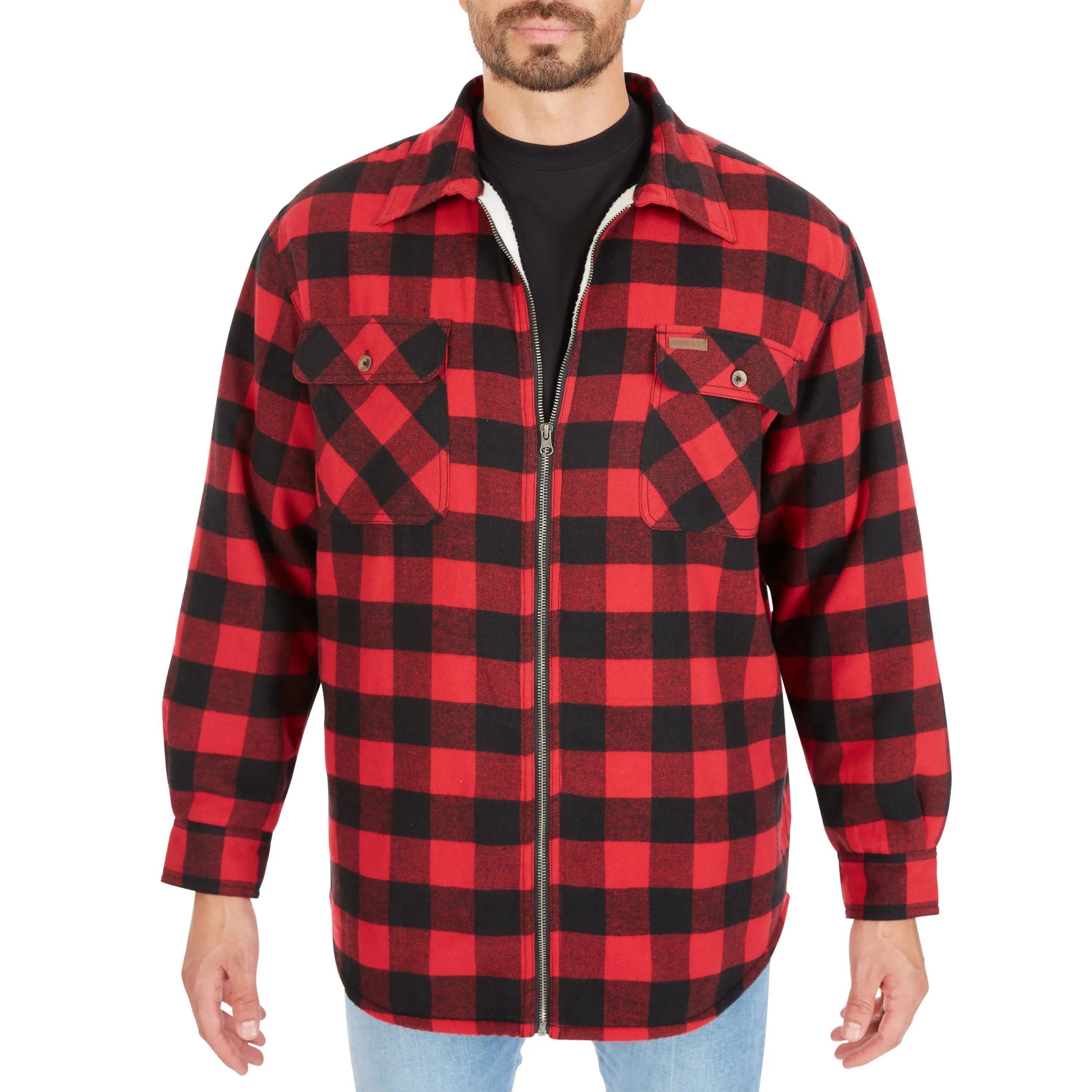 Smith's Workwear Zip-Front Sherpa-Lined Flannel Shirt Jacket, Men's, Size: Large, Red