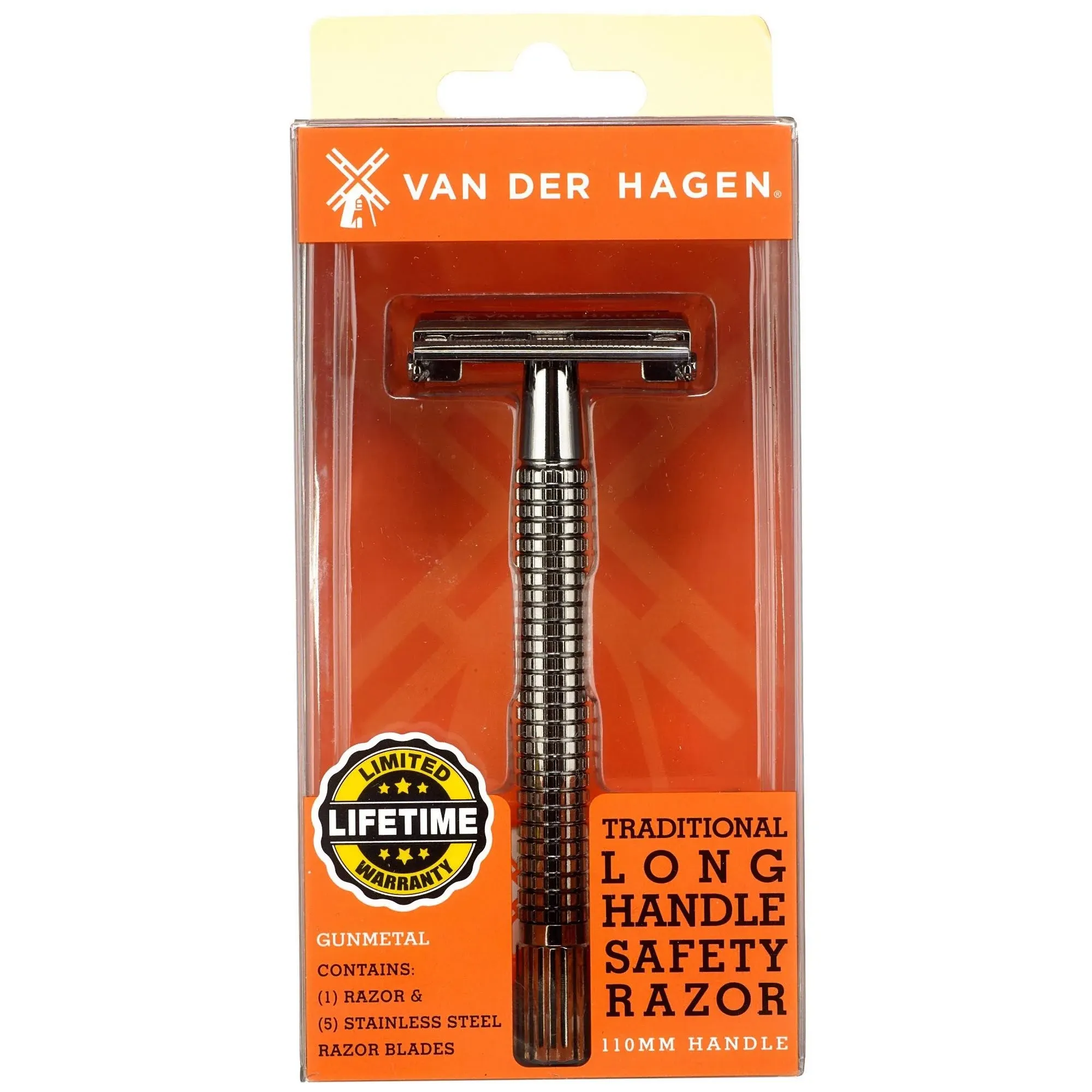 Van Der Hagen 110 mm Traditional Safety Razor Handle with 5 Razor blades - Black