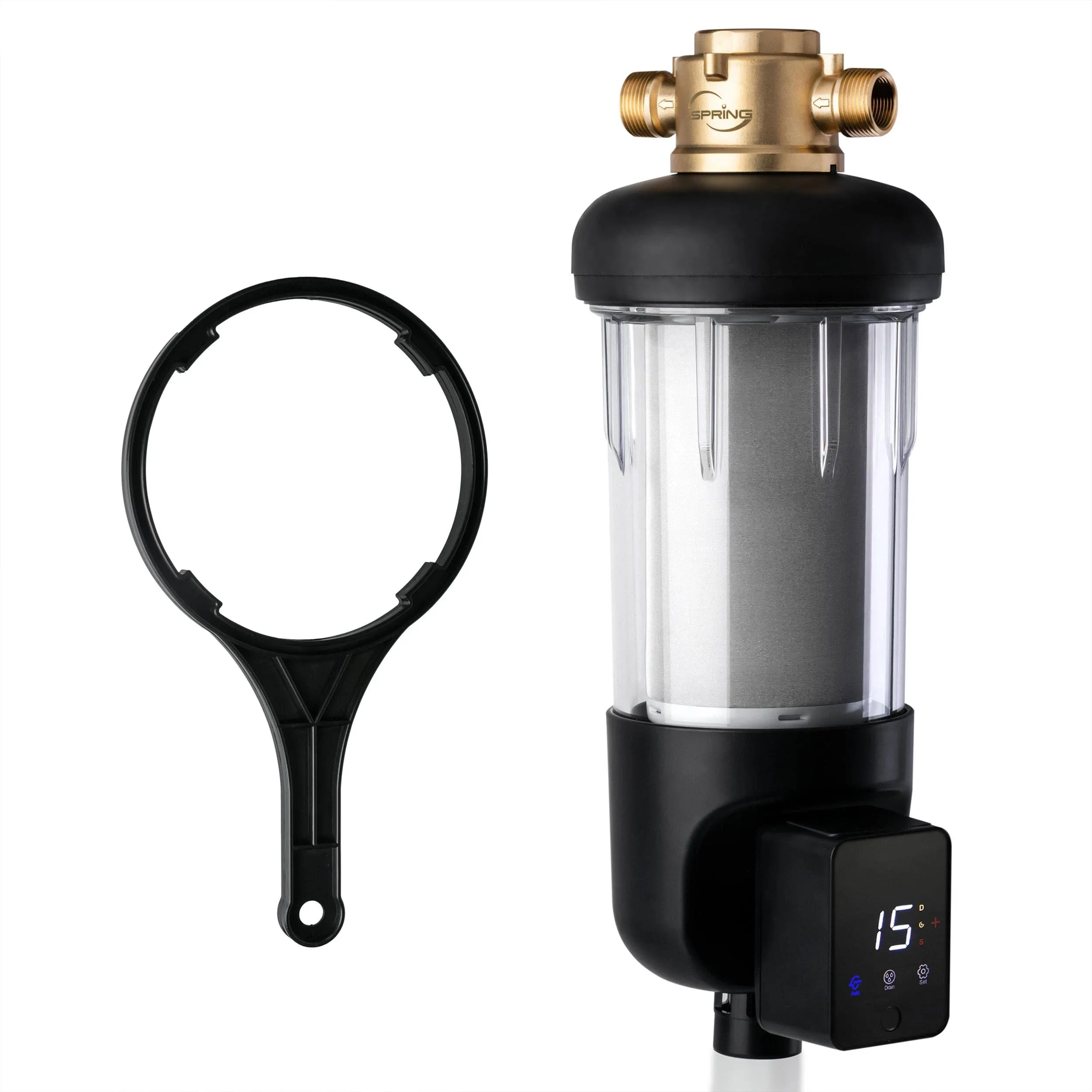 iSpring WSP500ARJ, NSF Certified, Spin-Down Sediment Water Filter, Upgraded Jumbo Size, Large Capacity, Reusable with Touch-Screen Auto Flushing Module, Brass Top Clear Housing, 500 Microns