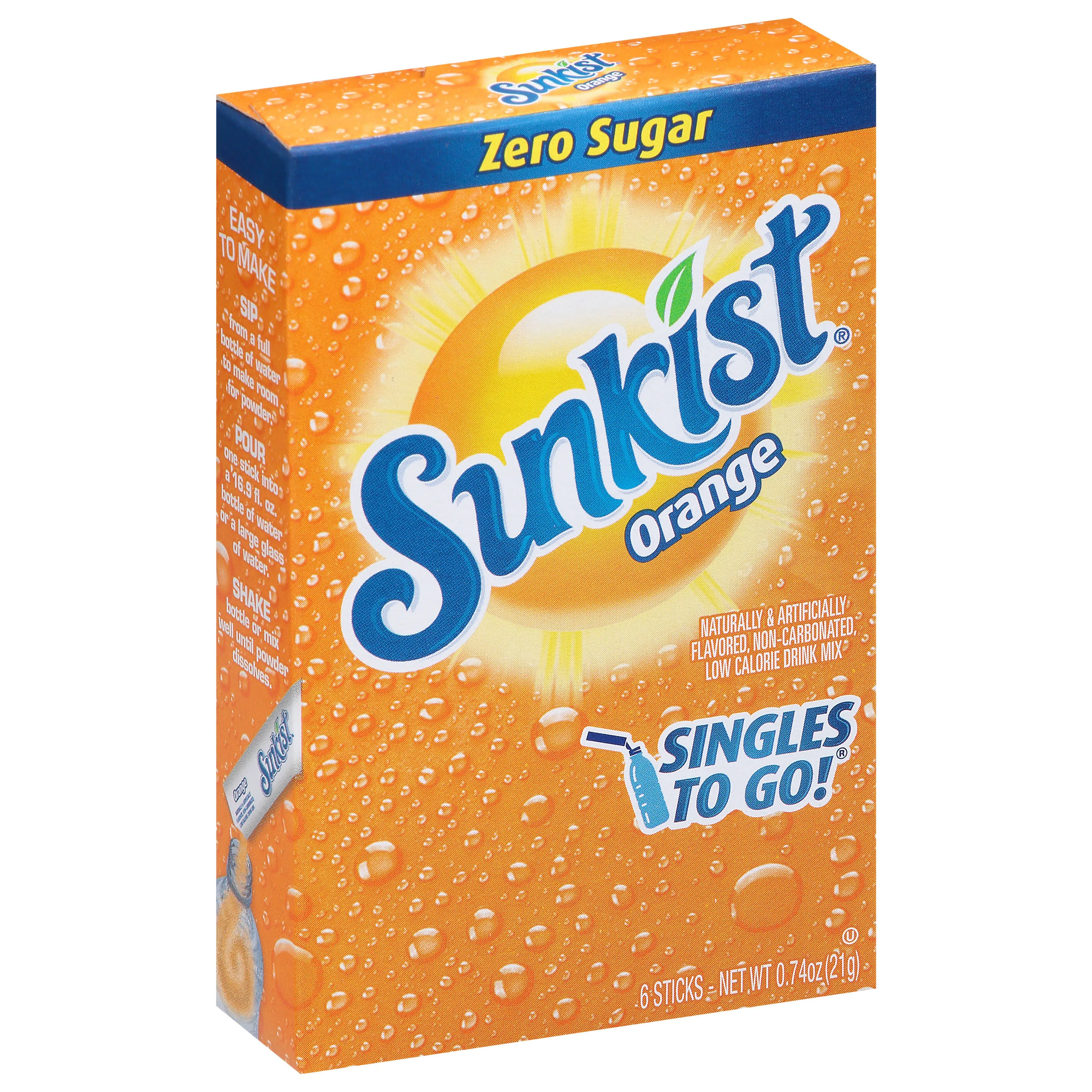 Sunkist Singles to Go! Drink Mix, Zero Sugar, Orange - 6 sticks, 0.74 oz