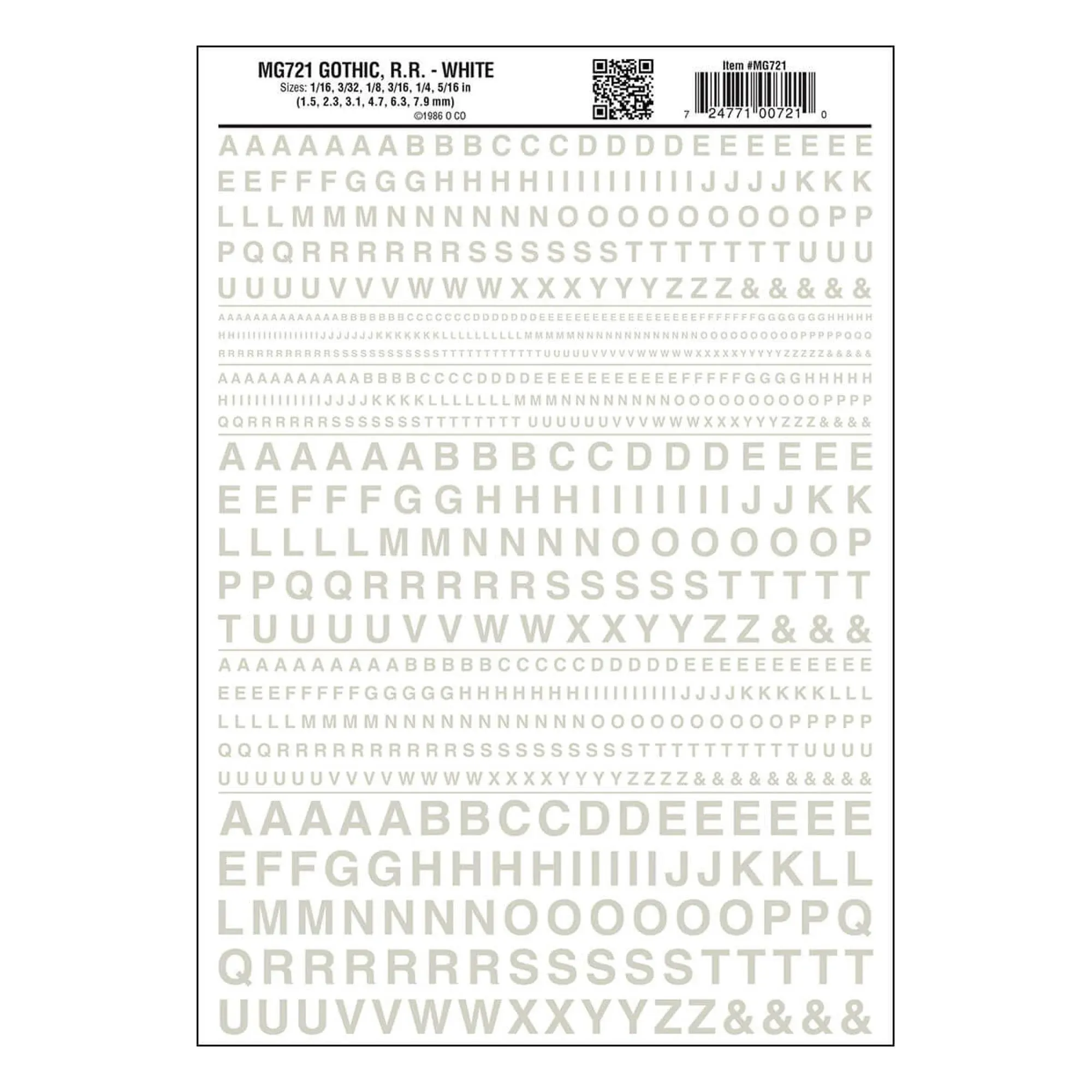 Woodland Scenics MG721 Gothic R.R. Letters White 1/16-5/16" Train Decal Sheet