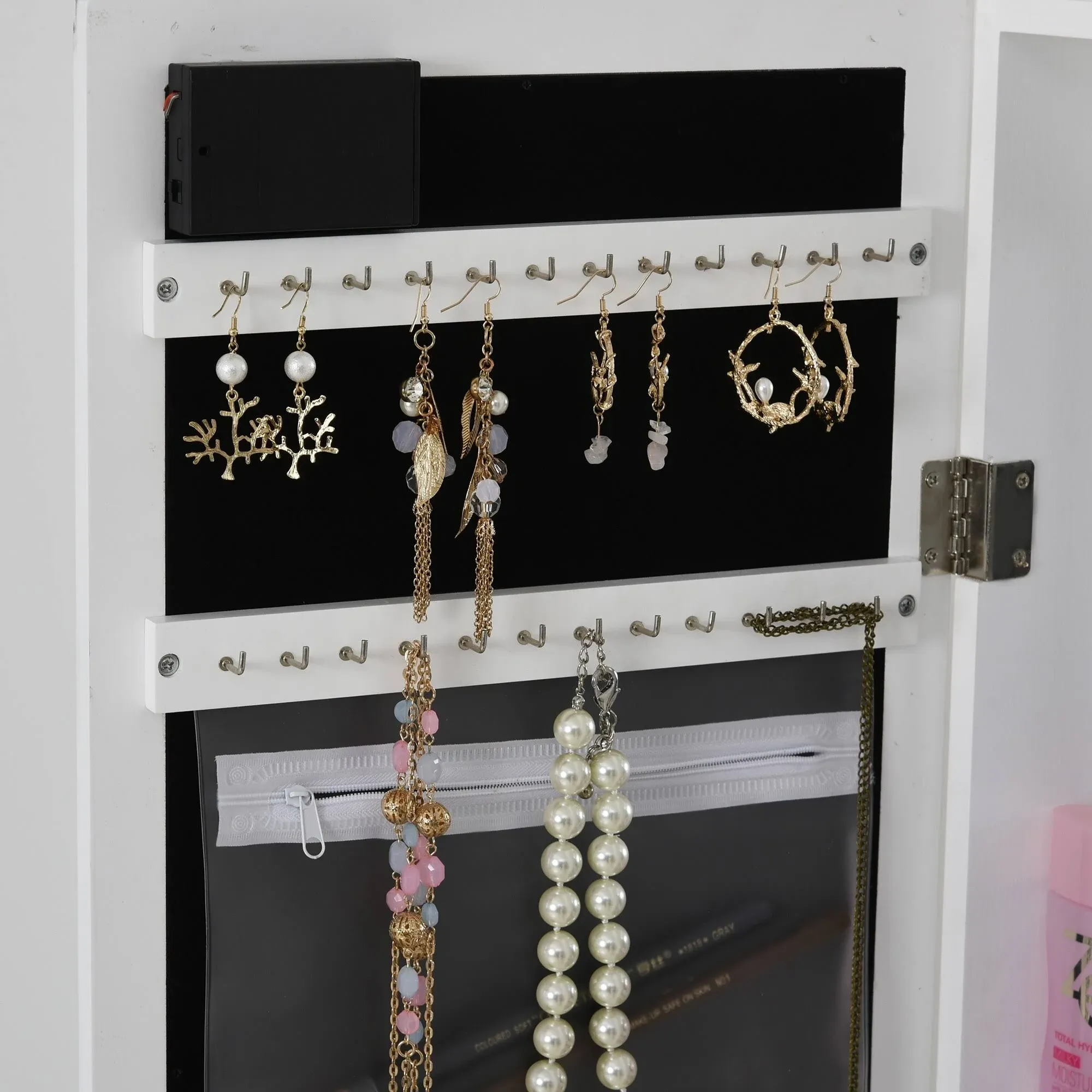 Homcom Jewelry Armoire with Mirror and 18 LED Lights, Wall-Mounted/Over-The-Door Cabinet with 3 Mountable Heights - White