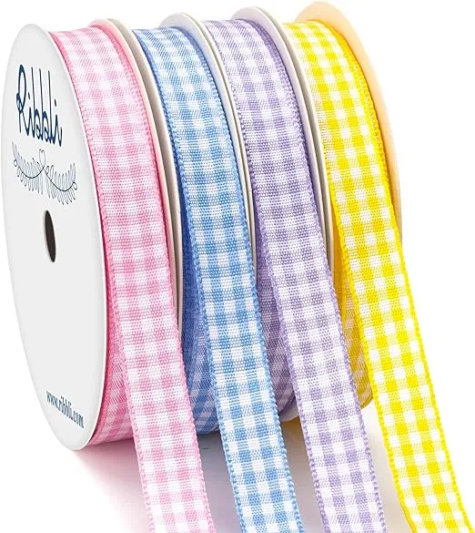 Ribbli 4 Rolls 3/8 Inch Gingham Ribbon,Total 40 Yards,100% Polyester Woven Edge,( Lt.Pink/Lt.Blue/Lt.Purple/Yellow ),Easter Ribbon,Check Ribbon Use for Baby Shower,Gift Wrapping