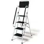 SUPPORT PLUS 4 Step Ladder Folding Step Stool with Handrail & Ladder Tool Couch - Folding Safety Step Ladders for Seniors, 300 Pound Capactiy Heavy Duty Step Ladder