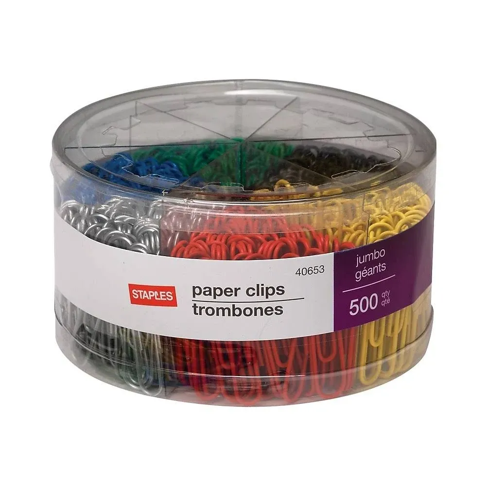 Staples 480109 Jumbo Vinyl Coated Paper Clips Smooth 500/Tub