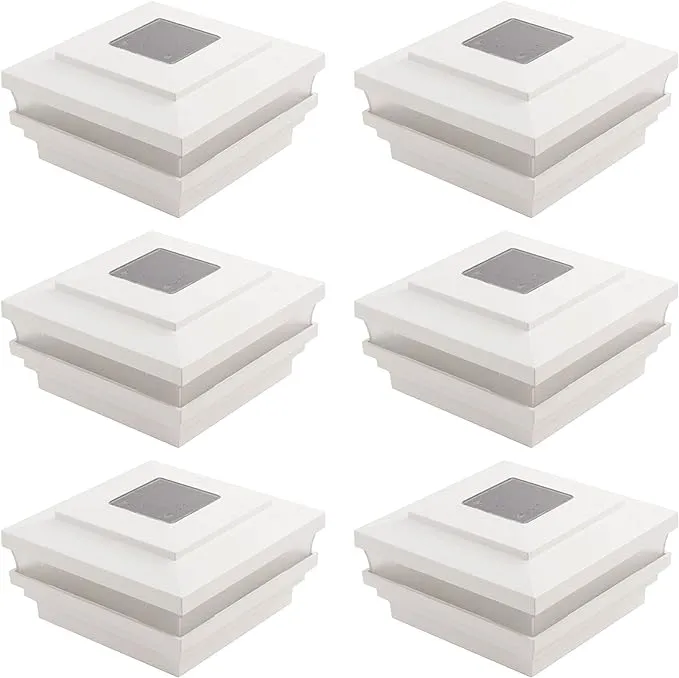 Plum Fittings 4.5" Sq. Cape May Solar LED Lighted Vinyl Post Caps Pack of 6 - White (Made in The USA)